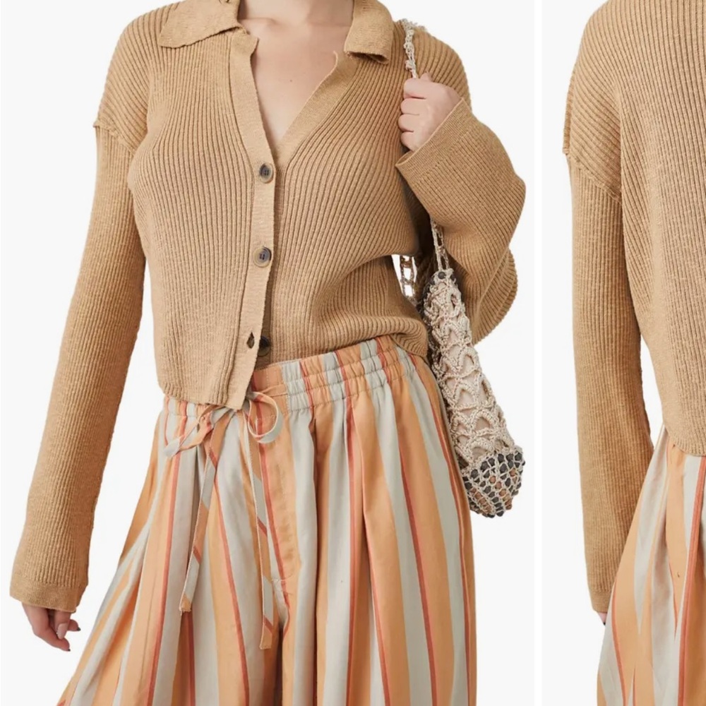 Free People Cropped Ribbed Button-Up Cardigan in Camel